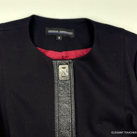 Donna Degnan Black Coat Jacket Size 6 Lined Mid-Length Silver Hardware Front S - Picture 8 of 12